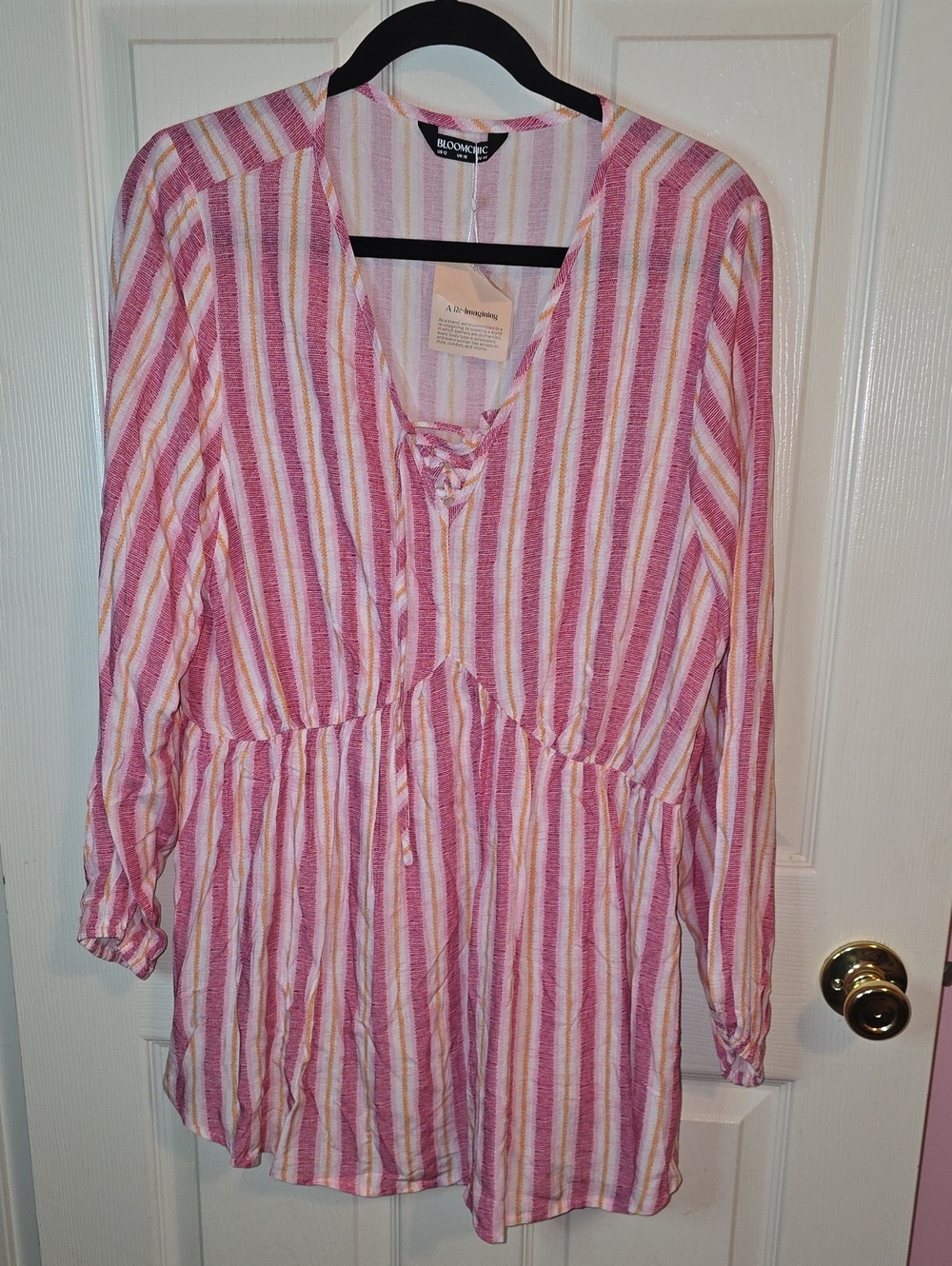 BloomChic Pink, White & Yellow Striped Lace-Up Peasant Tunic